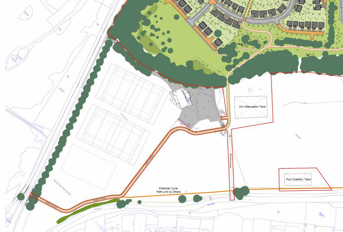 A site plan illustrating a proposed cycle path link, tennis courts, and drainage infrastructure including attenuation and foul overflow tanks.