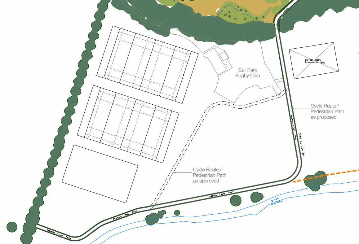 This is a site plan showing a rugby club complex with sports pitches and a car park. It details the proposed and approved pedestrian and cycle routes running alongside a water course.