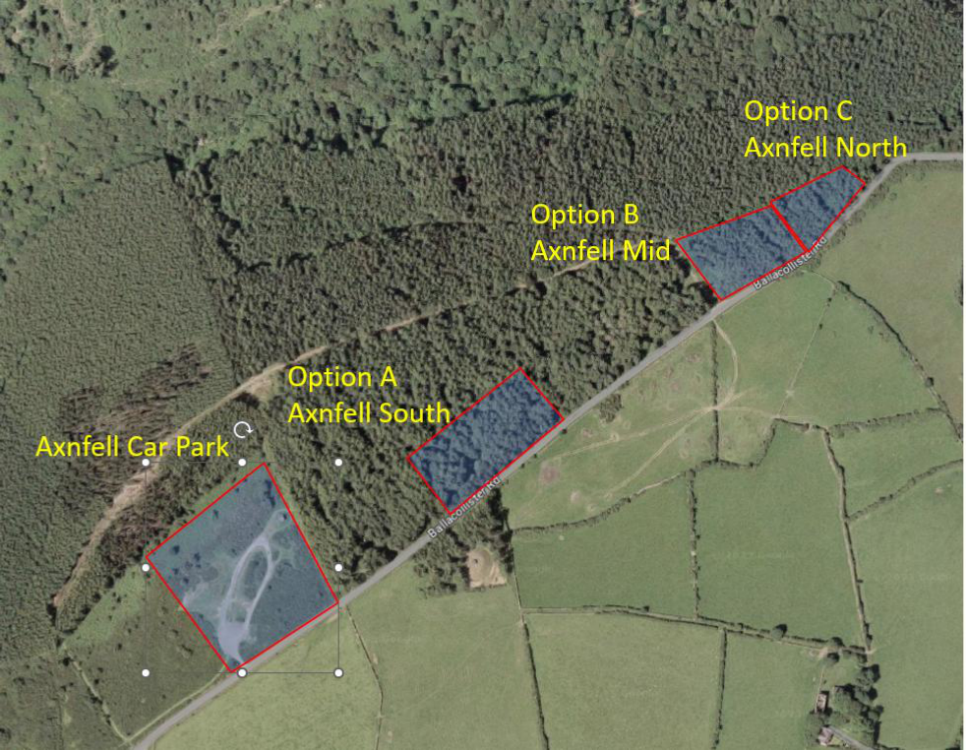 An aerial site location map showing three potential development options outlined in red near Ballacollister Road and Axnfell Car Park.