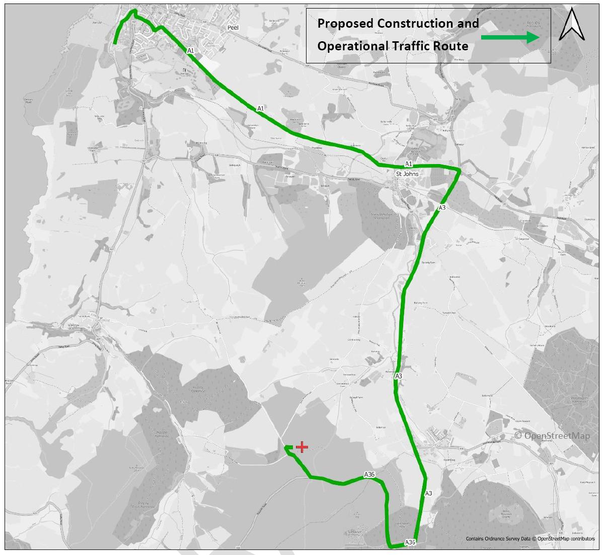A location map displaying a proposed green traffic route from Peel to a site marked with a red cross.