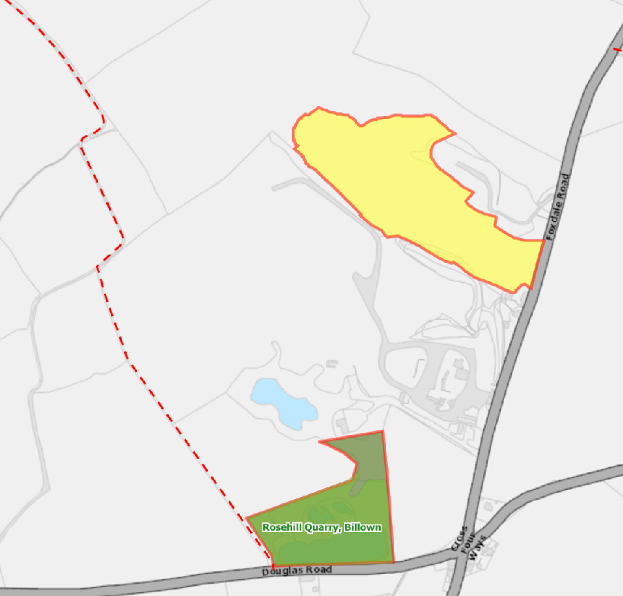 A digital site location map displaying land parcels outlined in red, including a yellow highlighted area and the green 'Rosehill Quarry' zone near Foxdale Road.