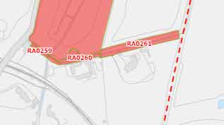 A site plan showing red highlighted zones labeled RA0259, RA0260, and RA0261 over faint building outlines and a dashed boundary line.