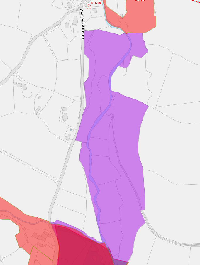 A site location map showing a large purple highlighted area along West Ballwyn Road with surrounding field boundaries and building footprints.