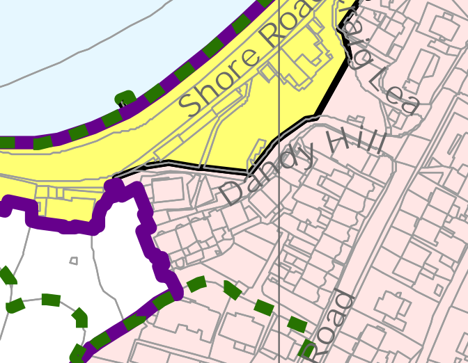 A site location map showing the property boundaries highlighted in yellow and purple along Shore Road and Dandy Hill.