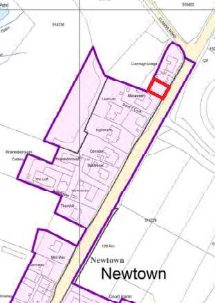 A site location map showing property boundaries outlined in purple and a specific plot highlighted in red along a road named Newtown.