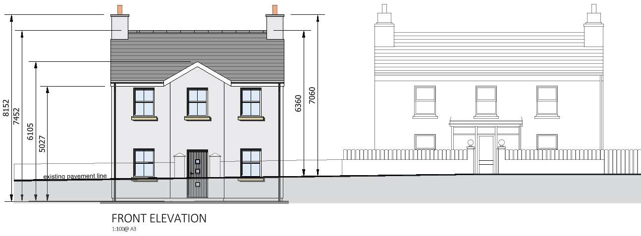 The image displays an architectural front elevation of a proposed two-story detached house with detailed height dimensions, alongside a line drawing of an adjacent property.