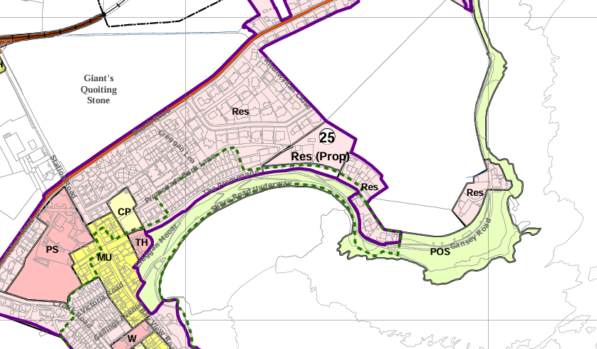 A zoning map showing land use designations like residential and public open space, with a specific site outlined in purple and labeled '25'.
