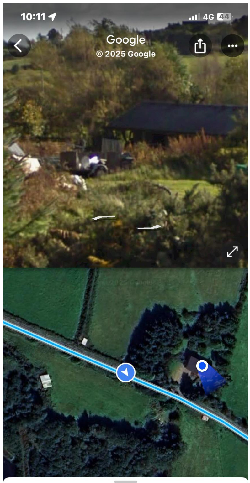 A split-screen screenshot showing a Google Street View of a rural property on top and a Google Maps satellite view with a location pin on the bottom.