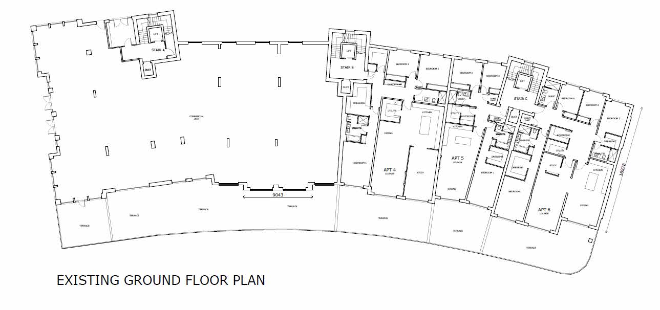 An existing ground floor plan showing a large commercial unit on the left and multiple residential apartments on the right.