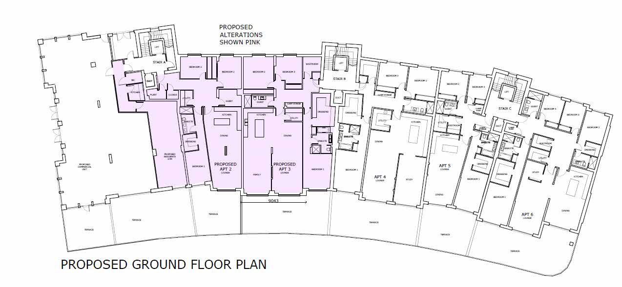 This image displays a proposed ground floor plan for a building conversion project, highlighting specific areas in pink to indicate alterations for new residential units.