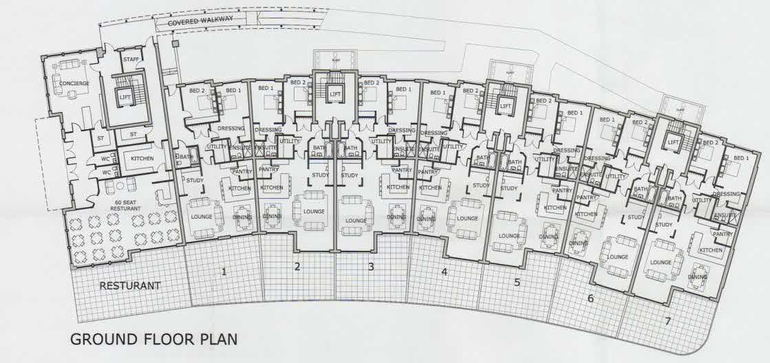 Architectural ground floor plan showing a commercial restaurant area on the left and a row of seven residential units on the right.