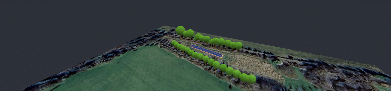 A 3D computer-generated site model visualization showing the proposed layout of solar panels and trees on a grassy field.