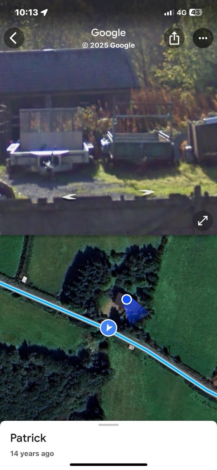 A composite image showing a street-level view of a rural building with trailers and a satellite map view pinpointing the site location.