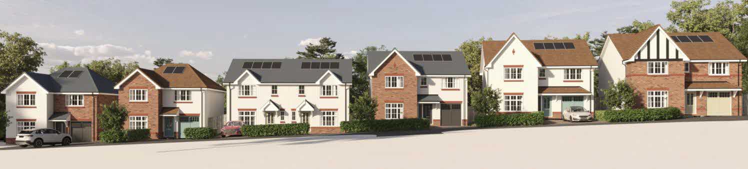 A perspective rendering showing a row of proposed residential houses with varied finishes and solar panels.