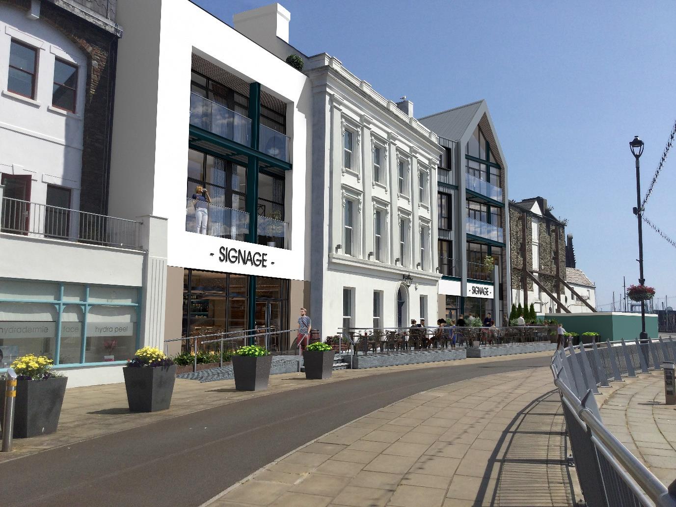 A photorealistic 3D rendering of a proposed street scene showing mixed-use buildings with retail on the ground floor and residential above, indicated by placeholder signage.