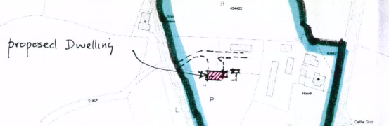 A hand-drawn sketch plan overlaid on a faint map showing the location of a proposed dwelling and associated structures.