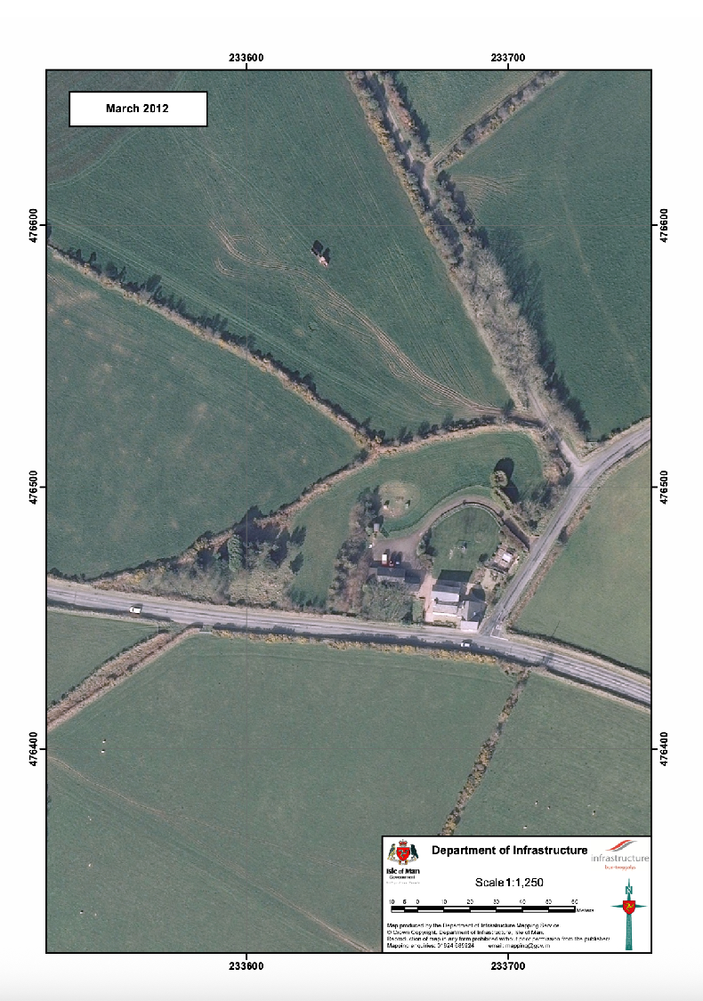 Aerial site plan from March 2012 showing a rural property with a house and driveway, surrounded by green fields and hedgerows.