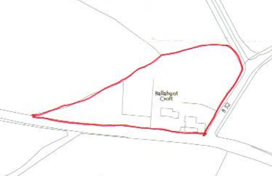 A site plan showing the red-outlined curtilage of a property named 'Ballaburn Croft' with nearby road B22.