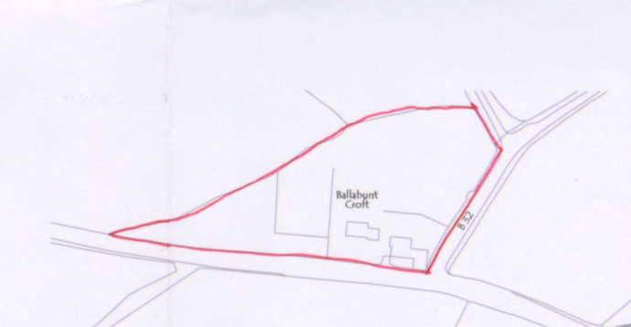 This image displays a site plan with a red outline highlighting the curtilage of a property labeled 'Ballabunt Croft' adjacent to the B22 road.