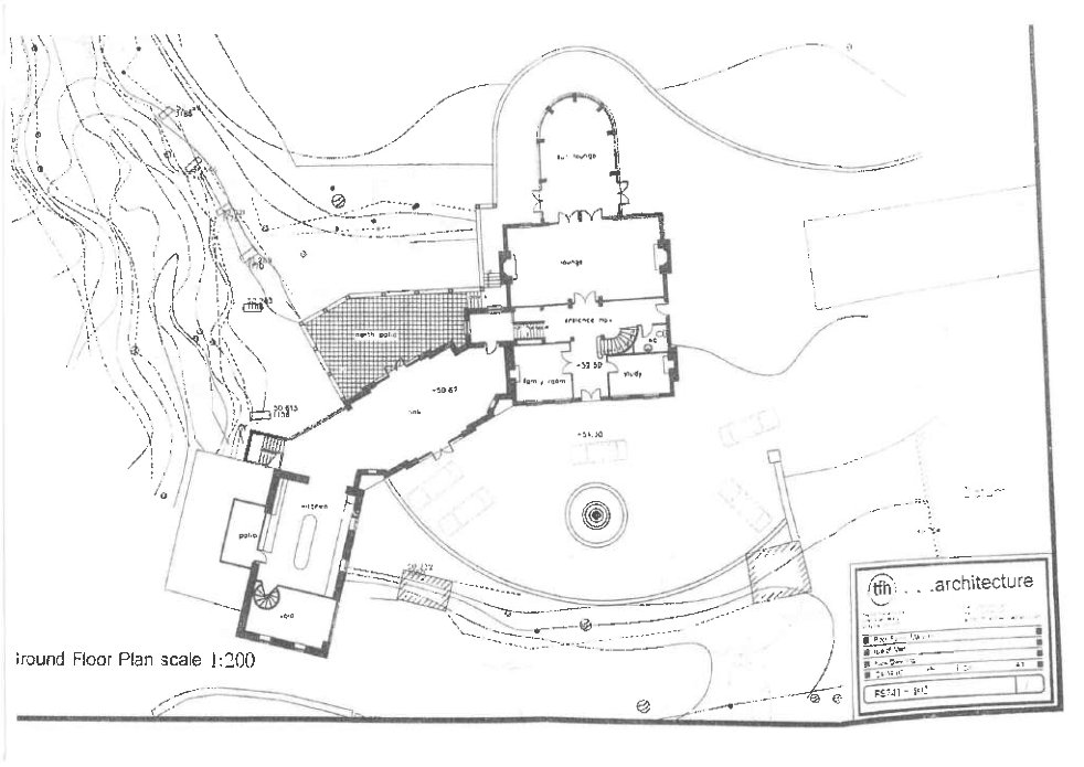 Architectural ground floor plan showing the layout of rooms including living, dining, kitchen, and study areas within a converted mill building.