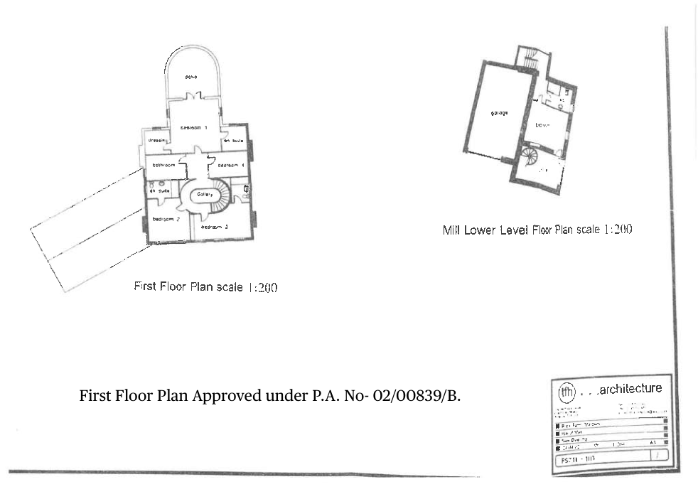 The image displays architectural floor plans for a mill conversion, including a first-floor plan with bedrooms and a lower-level plan featuring a garage and living space.
