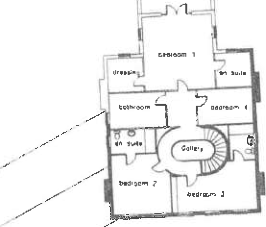 This image displays a black and white architectural floor plan of a residential property. It outlines the layout of multiple bedrooms, bathrooms, and a central gallery area with a spiral staircase.