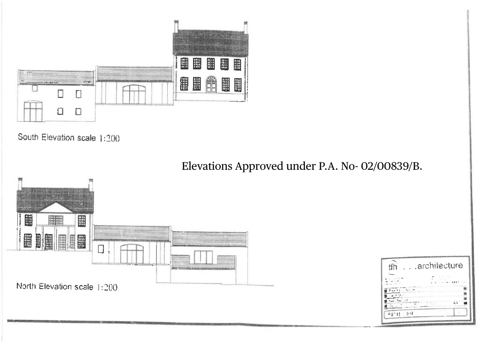 Architectural elevations showing the North and South facades of a building conversion project with an extension.