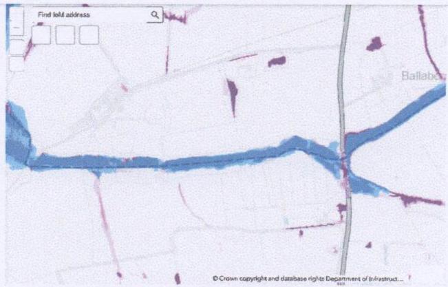 A screenshot of a digital flood risk map showing a blue watercourse overlay on a road network with a search bar interface.