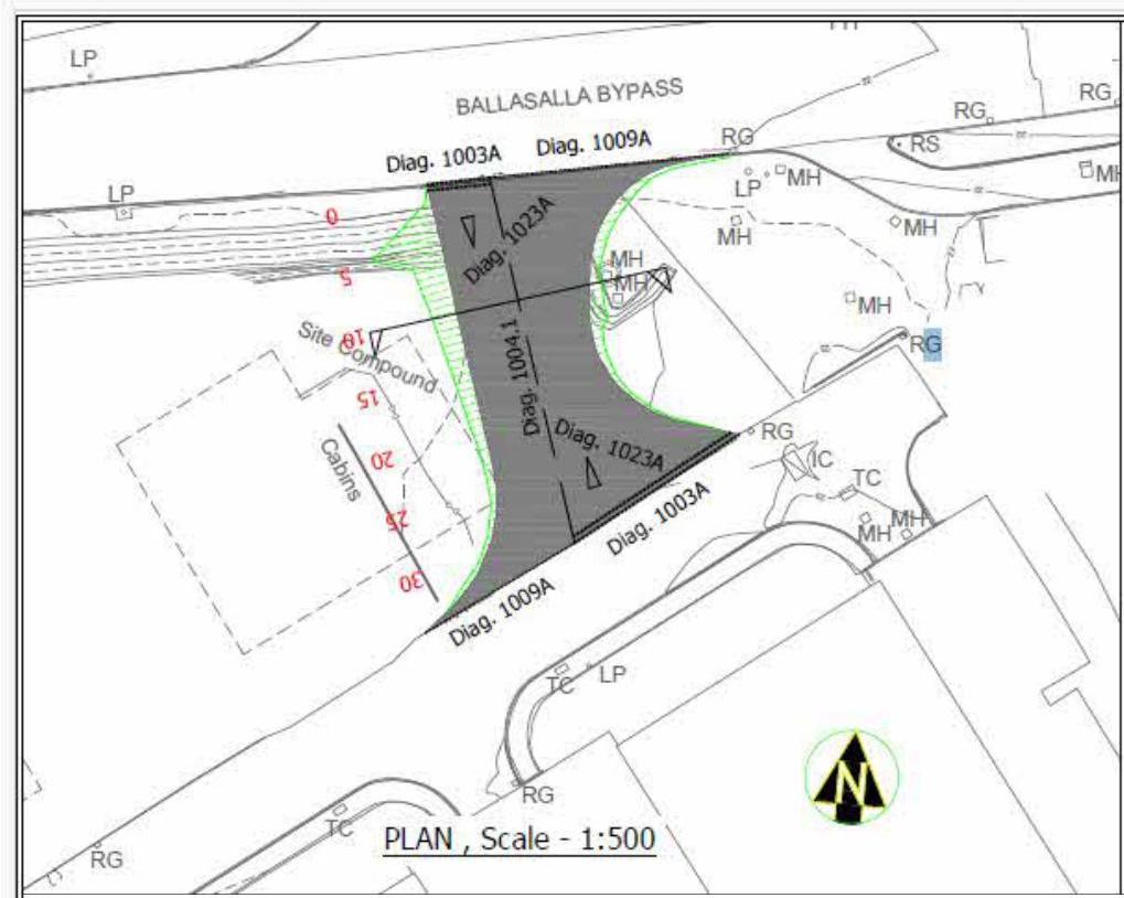 A 1:500 scale site plan showing the proposed temporary link road alignment between the Ballasalla Bypass and Ballahick Road, including site compound boundaries and drainage details.