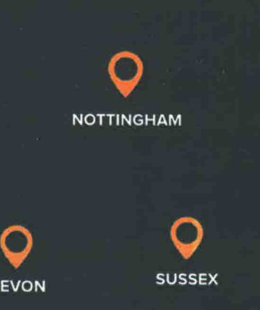 A graphic map displaying location pins for Nottingham, Devon, and Sussex on a dark background.