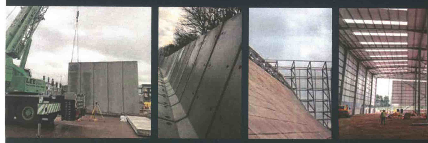 A composite image containing four photographs showing construction activities, including a crane lifting a large concrete panel, a close-up of a concrete wall, and the interior of a large industrial building.