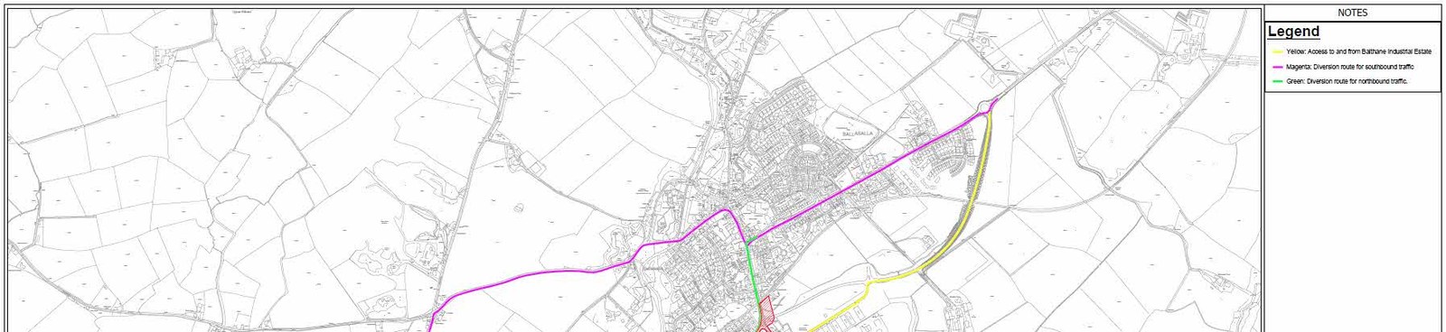 A site location map showing proposed diversion routes and access points overlaid on a map of the Ballasalla area with a legend.
