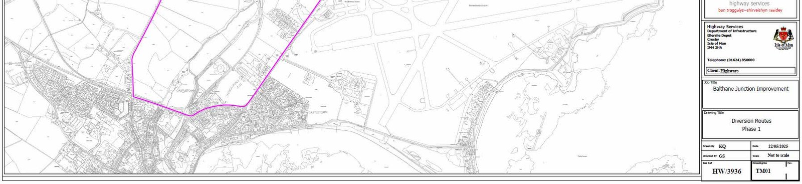 A topographical map showing a site boundary outlined in purple, with a title block for 'Baltane Junction Improvement' and 'Diversion Routes Phase 1' from the Department of Infrastructure.