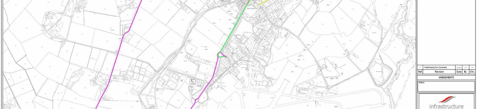 The image displays a site context map with proposed route alignments marked in purple and green lines overlaid on an Ordnance Survey base map.