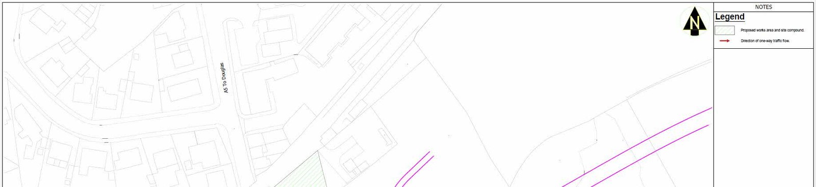 A site plan showing the proposed temporary link road route near the A3 to Douglas, including existing buildings and field boundaries.