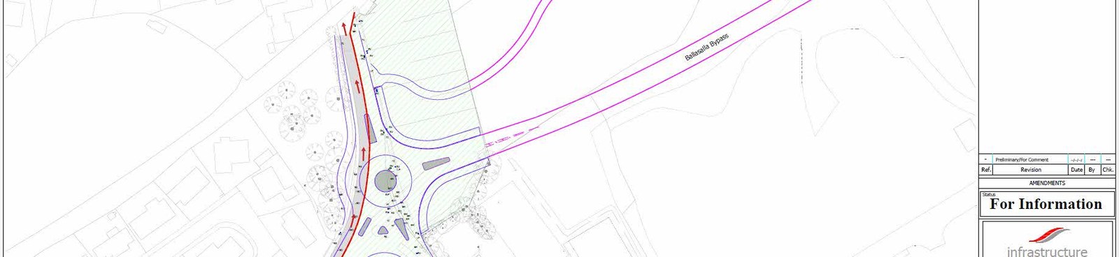 A technical site plan showing the proposed temporary link road connecting the Ballasalla Bypass to Ballahick Road, including road layouts and surrounding land features.