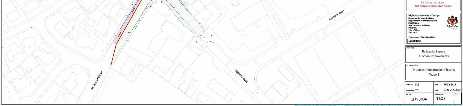 Technical site plan showing proposed construction phasing for the Ballasalla Bypass junction improvements with road layouts and property boundaries.