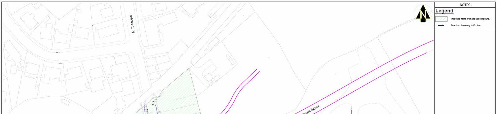 The image shows a site plan or location map detailing the proposed temporary link road construction, including existing roads like the A6 and Ballasalla Bypass, along with a legend for the works area.