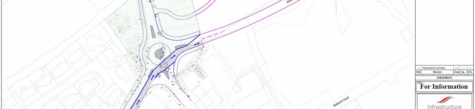 A technical site plan illustrating a proposed temporary road link connecting to a roundabout, with surrounding building outlines and landscaping areas.