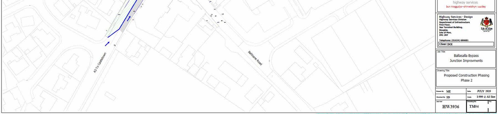 A technical site plan illustrating the Ballasalla Bypass junction improvements and proposed construction phasing, displaying road layouts and surrounding property boundaries.
