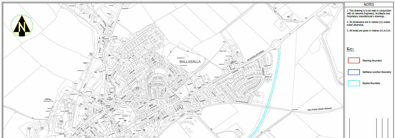A site location plan showing the settlement of Ballasalla with proposed road boundaries highlighted in red, blue, and cyan.