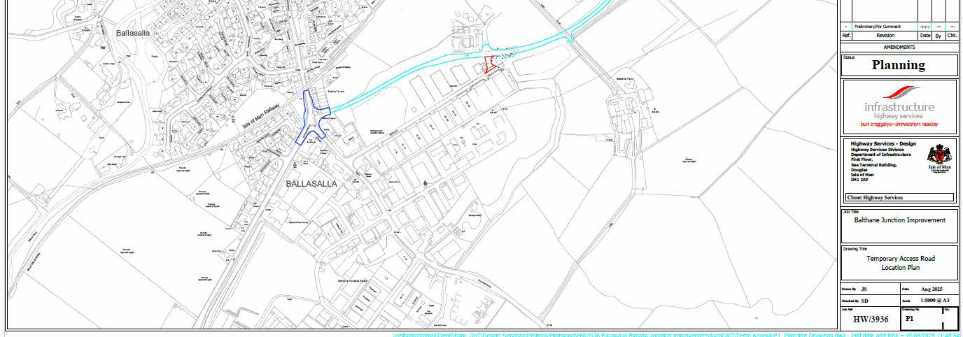 A black and white location plan showing the proposed temporary link road route near Ballasalla, highlighting the site area and surrounding road network.
