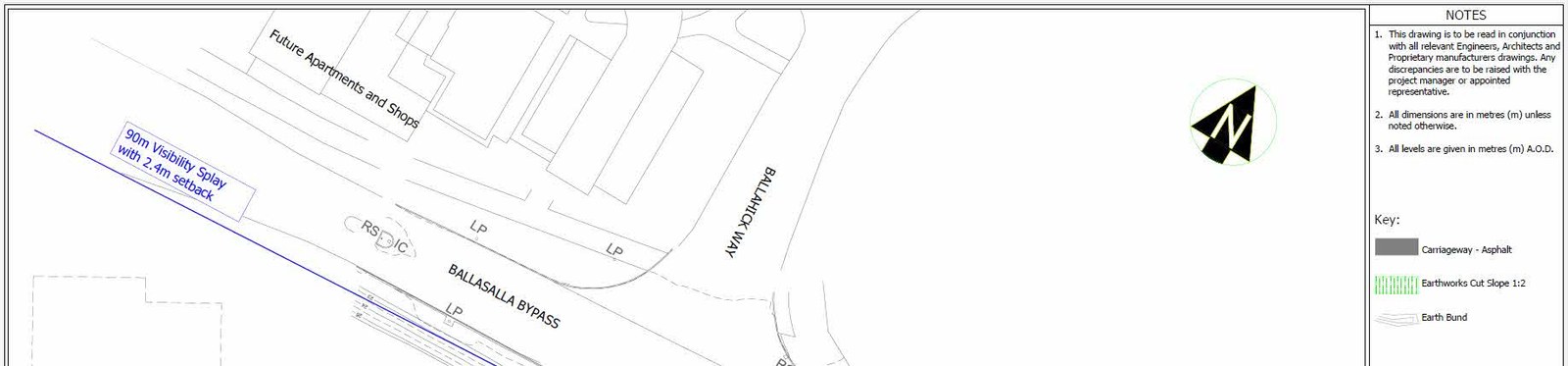 A technical site plan showing the proposed temporary link road layout, visibility splay, and earthworks adjacent to Ballasalla Bypass and Ballahick Way.