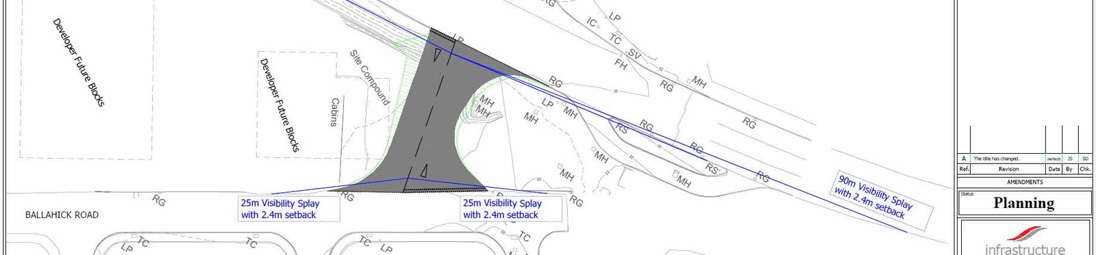 A technical site plan showing a temporary link road junction with visibility splays, drainage symbols, and site boundaries.