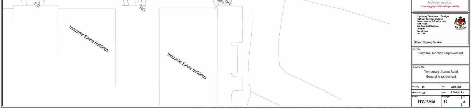 A technical engineering drawing titled 'Temporary Access Road General Arrangement' showing road layouts and industrial estate buildings.
