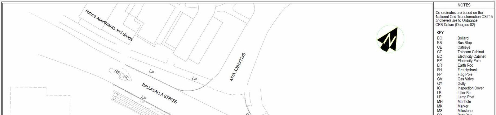 A technical site plan showing the proposed temporary link road connecting the Ballasalla Bypass and Ballahick Way, featuring a key for infrastructure symbols and coordinate notes.