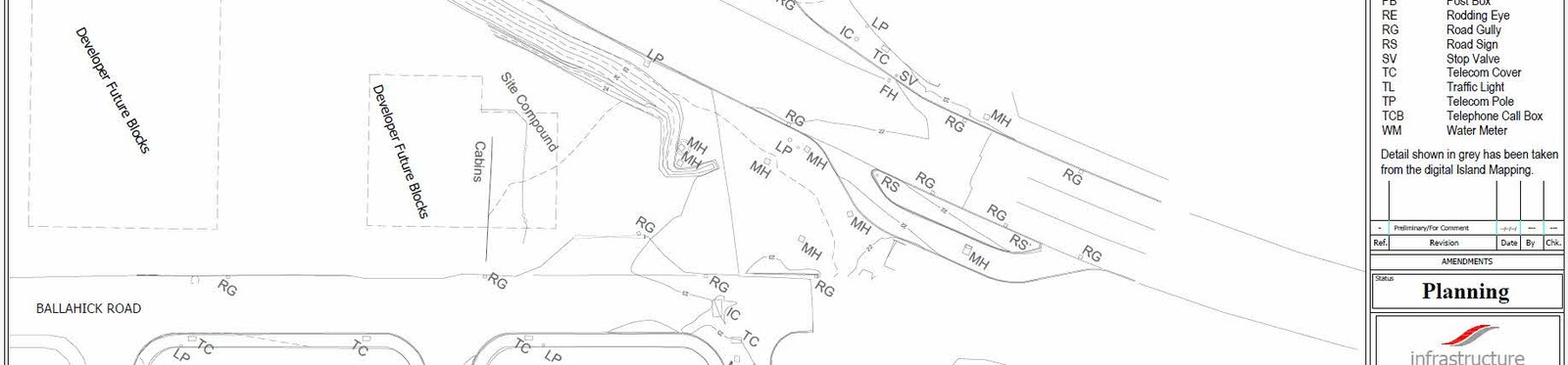 A technical engineering drawing showing the layout of a temporary link road with underground services like manholes and road gullies, alongside site compounds and future development blocks.