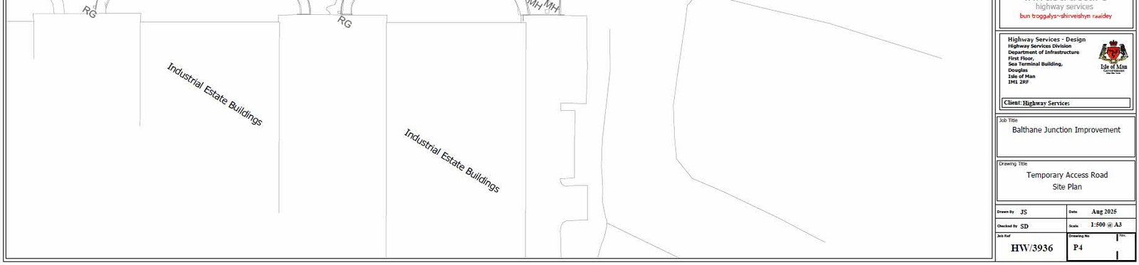 A technical site plan showing the layout for a temporary access road adjacent to industrial estate buildings.