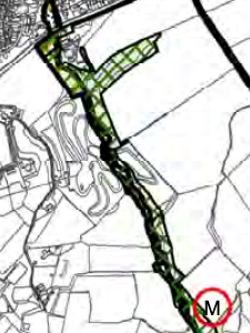 This image shows a site plan or location map with a long, green highlighted area indicating a specific site or zone. It features black boundary lines and a red marker labeled 'M'.