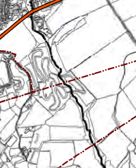 A technical site plan displaying field boundaries, topographic contours, and proposed red dashed boundary lines.